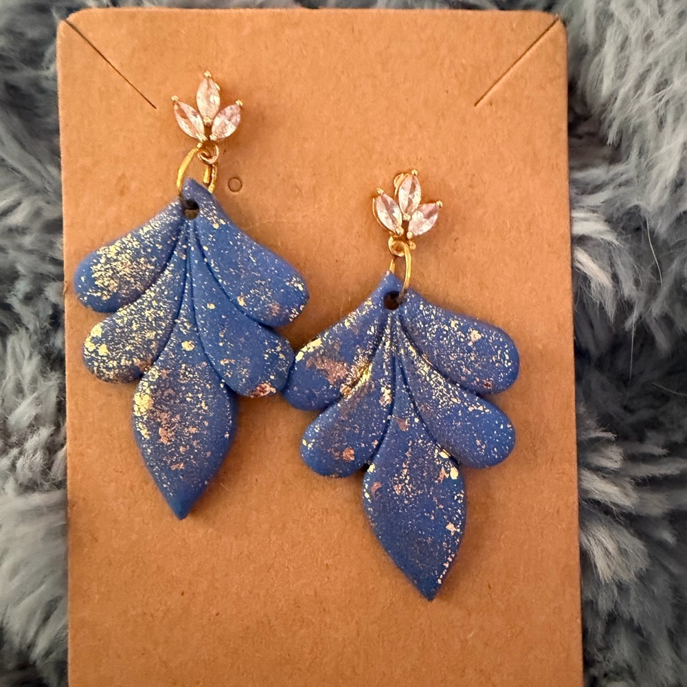 Elegant Blue and Gold Leaf Handmade Polymer Clay Earrings